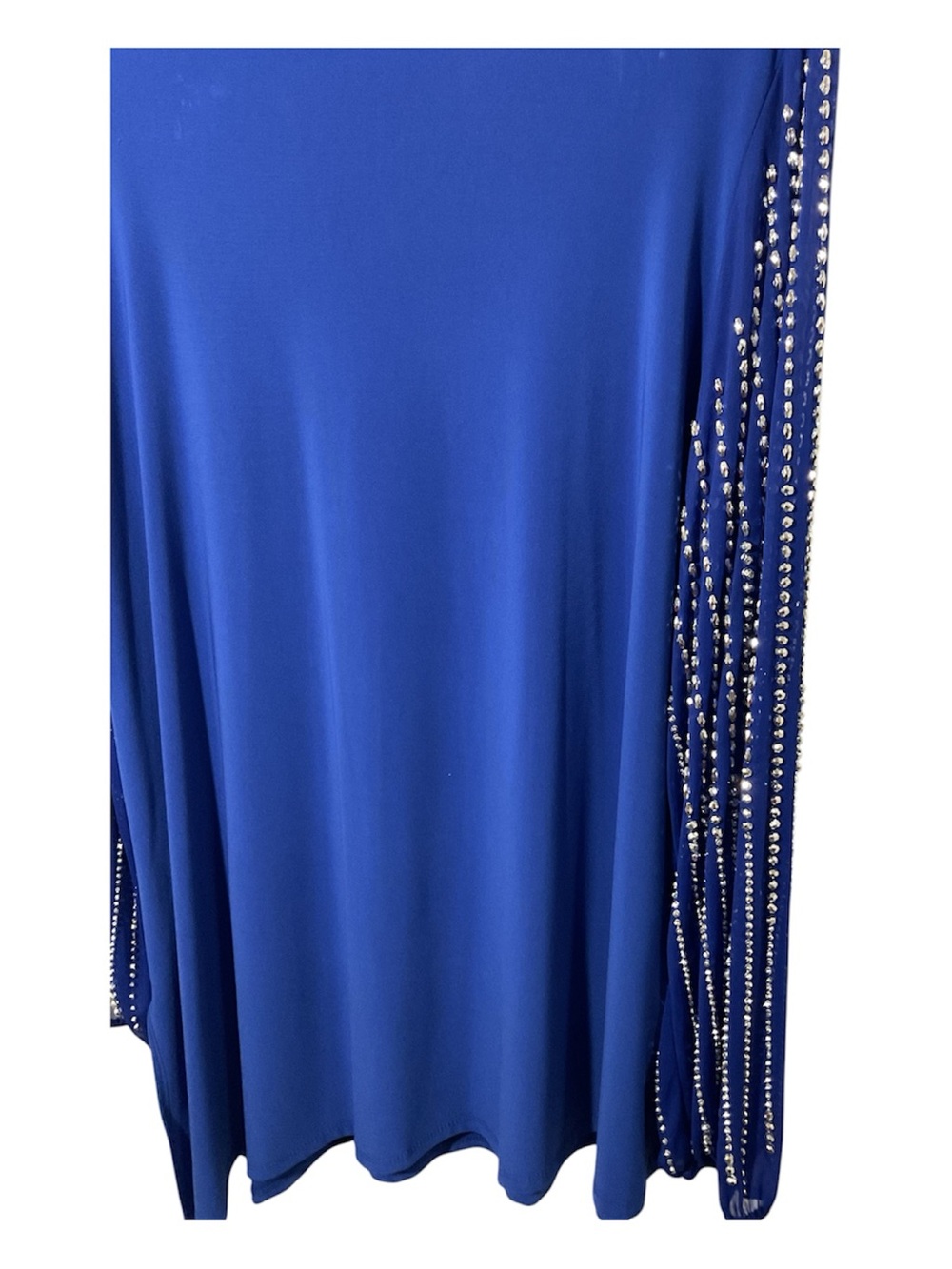 Marina 20W Royal Blue Rhinestone Sleeve Asymmetrical Formal Dress - Picture 3 of 6